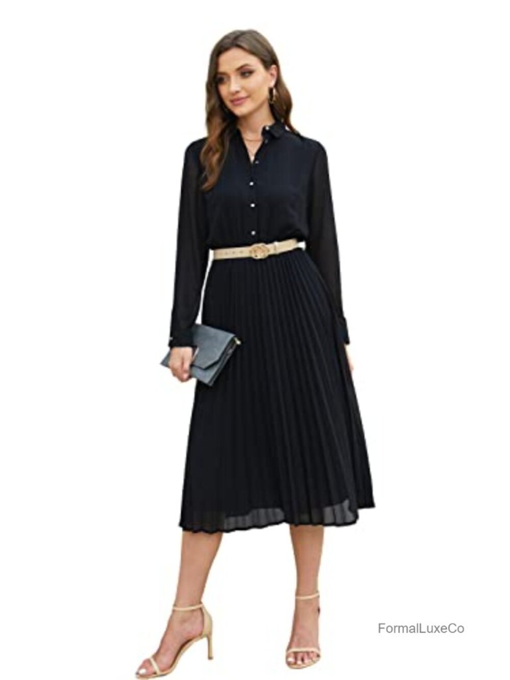 Women's Fit & Flare Midi Shirt Dress Long Sleeve Belted Chiffon Work Dress
